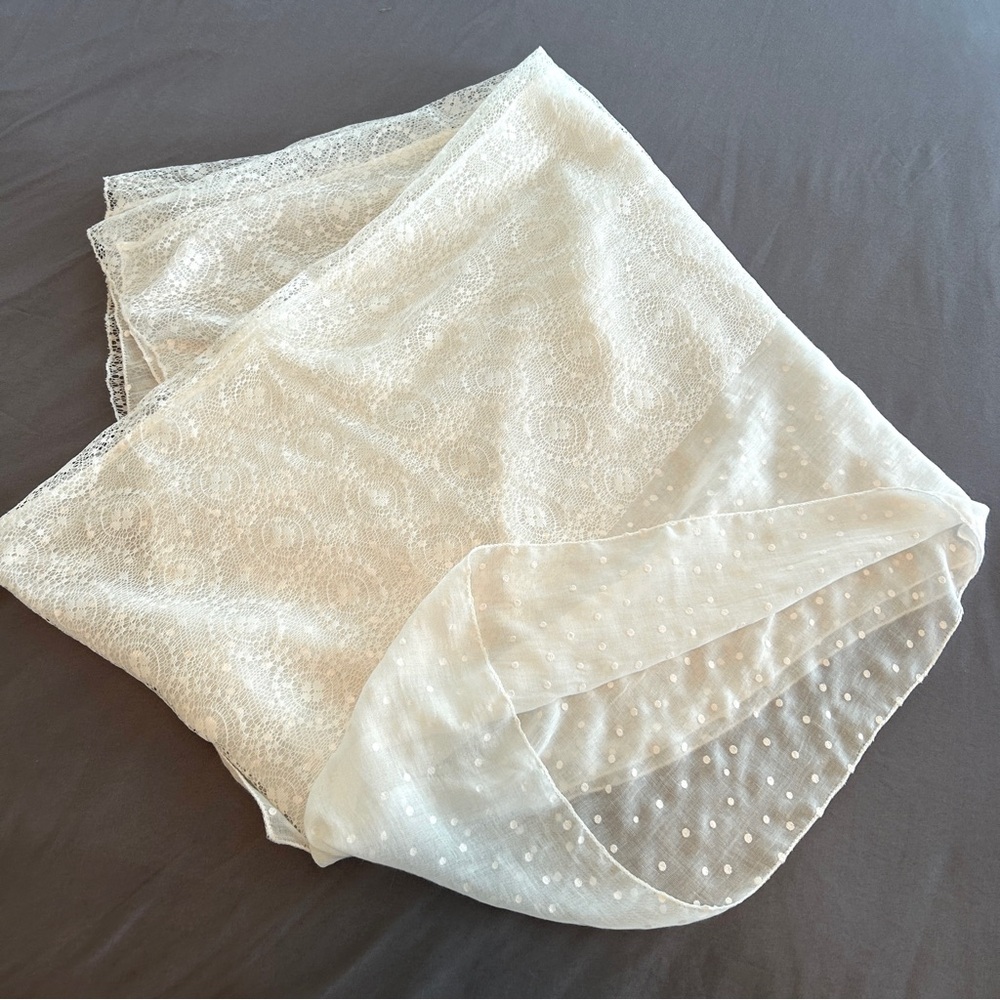 Vintage Lace & Swiss Dot Layered Scarf Shawl – Romantic Lace Wrap – 76” - Picture 16 of 16